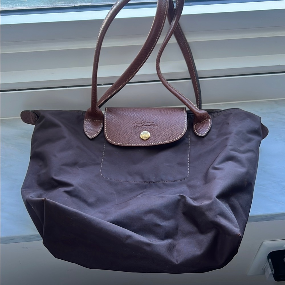 Longchamp Brown Tote Bag with Trapezoidal Shape and Leather Handles